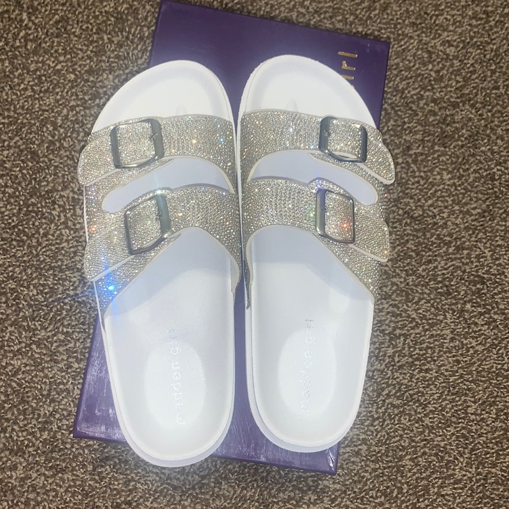 Madden Girl white bling slides